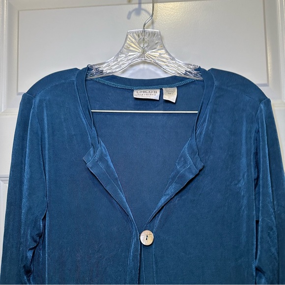 Chico’s Travelers Blue/Teal Acetate 1 button Long Cardigan size 1(M) - Picture 4 of 8